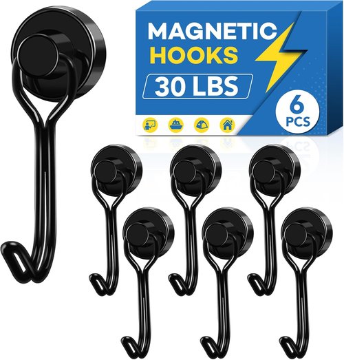 LOVIMAG Magnetic Hooks - Heavy Duty 30lbs+ Capacity for Kitchen, Classroom & Home | 6 Pack