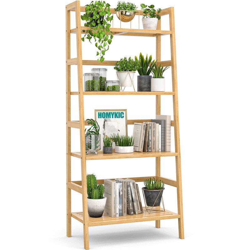 Homykic Ladder Shelf, 4-Tier Bamboo Ladder Bookshelf Small Bookcase, 49” Tall Open Display Shelves Wood Plant Stand Storage Rack for Living Room, Bathroom, Bedroom, Home Office