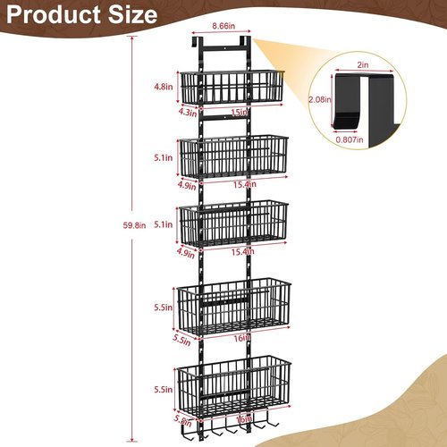 Hongtamoya Adjustable Over The Door Organizer - Metal Hanging Shelf with 5 Baskets & 7 Hooks | Black