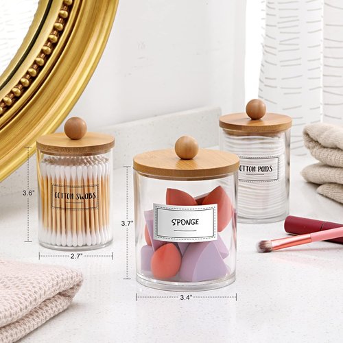 Apothecary Jar Qtip Holder Dispenser Set - 3 Pack Bamboo Lids for Stylish Vanity Organization