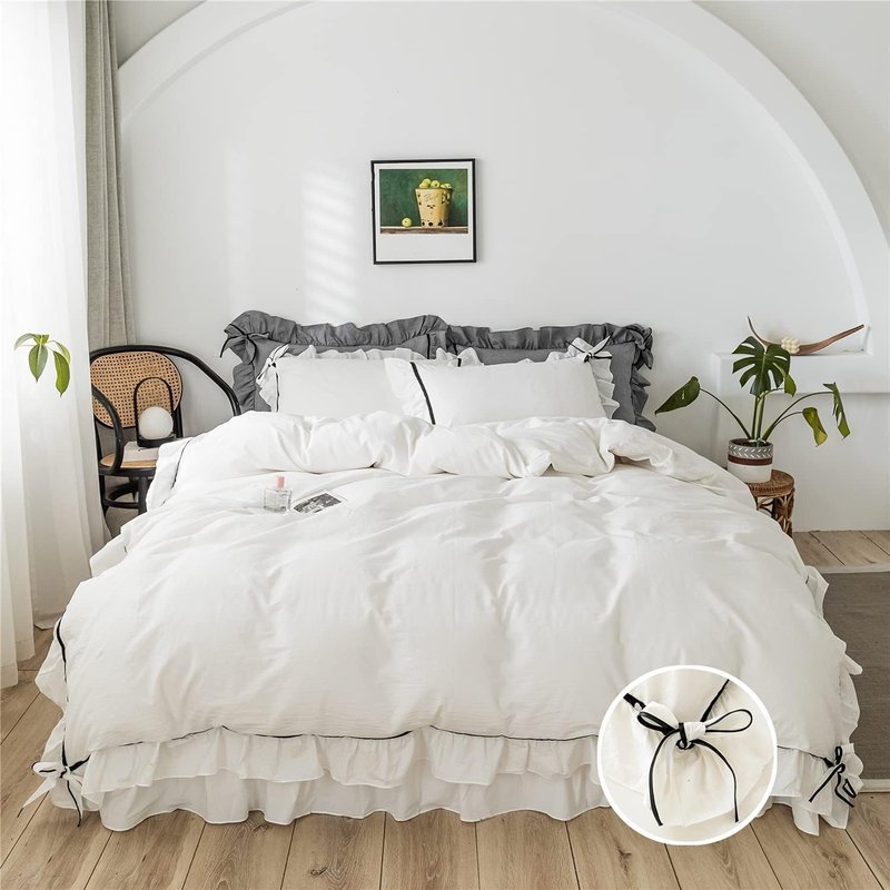 SOUKACH Ruffled Bedding Bow Duvet Cover Set with Butterfly Tie, Soft Brushed Microfiber Shabby Chic Bedding Set with Zipper Closure for Kids Girls-White,Twin