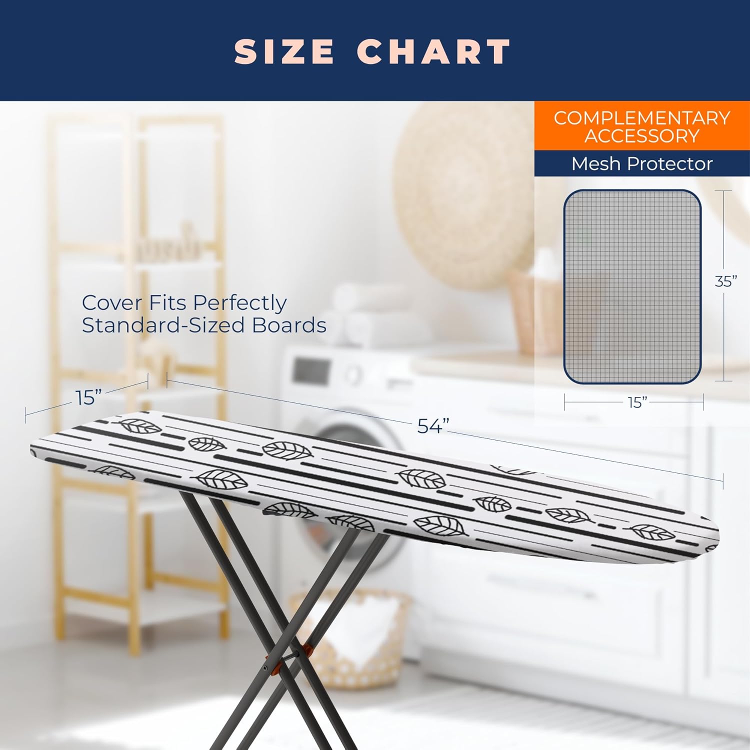Skiennix Ironing Board Cover - Extra Thick Heavy Duty Padded, Non-Stick & Stain Resistant | 15x54 with 3 Fasteners