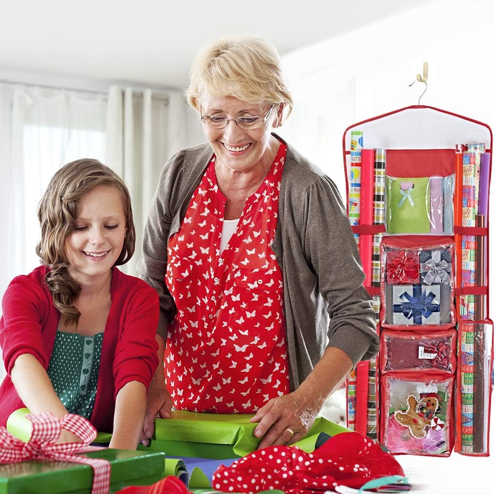 ProPik Wrapping Paper Storage Organizer - Double-Sided Design with Multiple Pockets, 40" x 17", Red