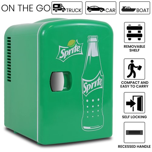 Sprite Mini Fridge - 6 Can Refrigerator for Bedroom Office, Portable Table Top Beverage Cooler, 12V 110V Refrigerador For Drinks, Soda, Wines, Use In Car, Dorm, Outdoor, Patio
