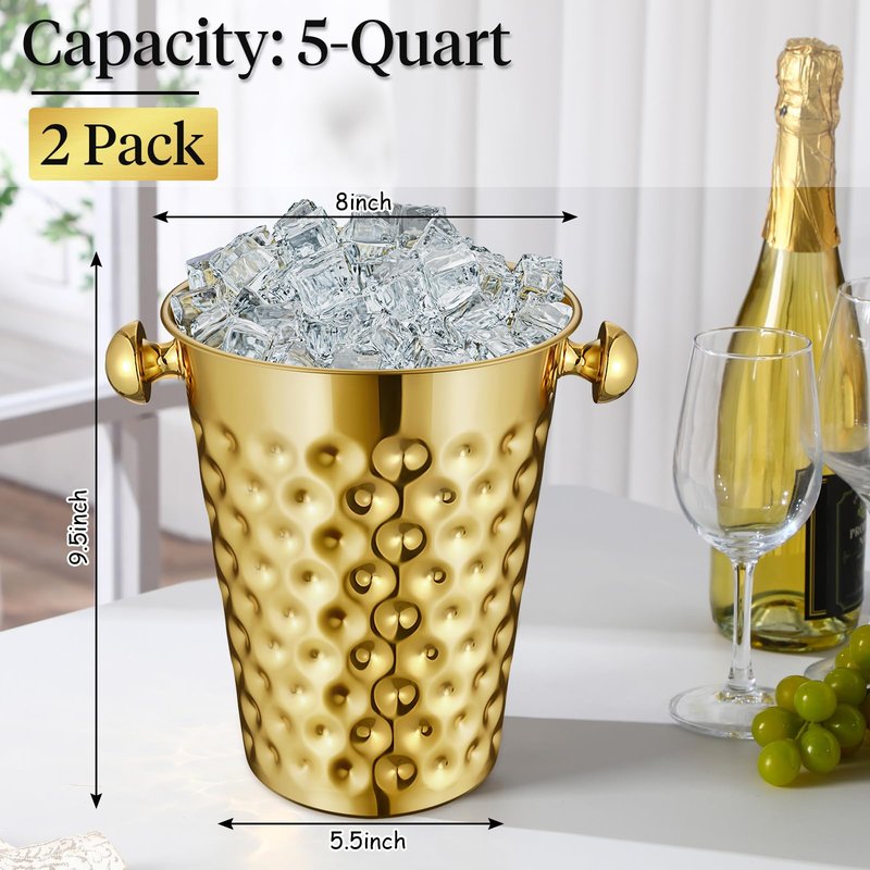 MorningRo 2 Pcs Gold Metal Champagne Ice Bucket 4.7 L Stainless Steel Doublewall Wine Ice Bucket for Bar, Party, Wedding, Banquet, Outdoor, BBQ(Hammer Texture)