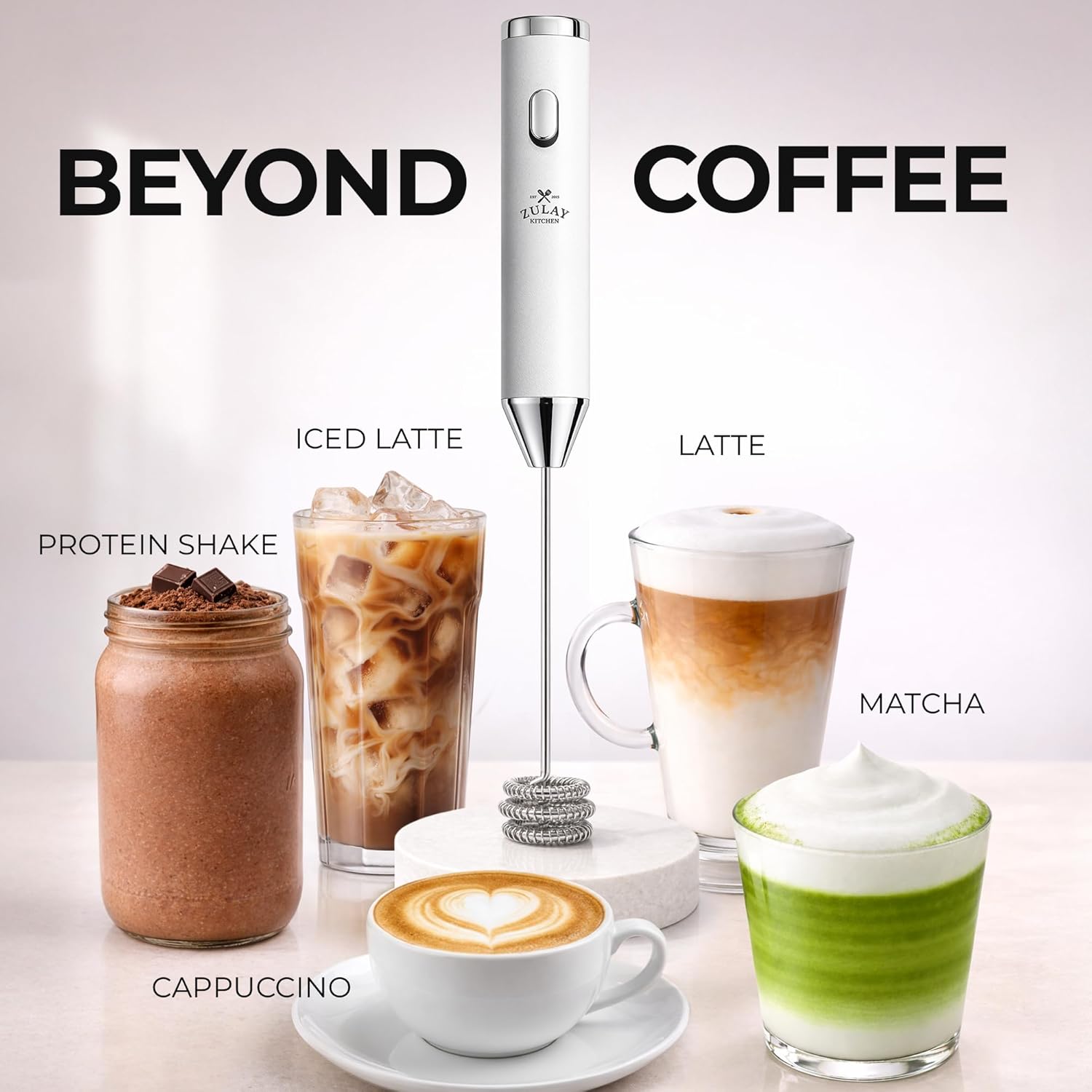 Zulay Kitchen Rechargeable Milk Frother - Handheld Electric Drink Mixer with 3 Whisk Attachments | USB-C Charging, Lasts 6 Months