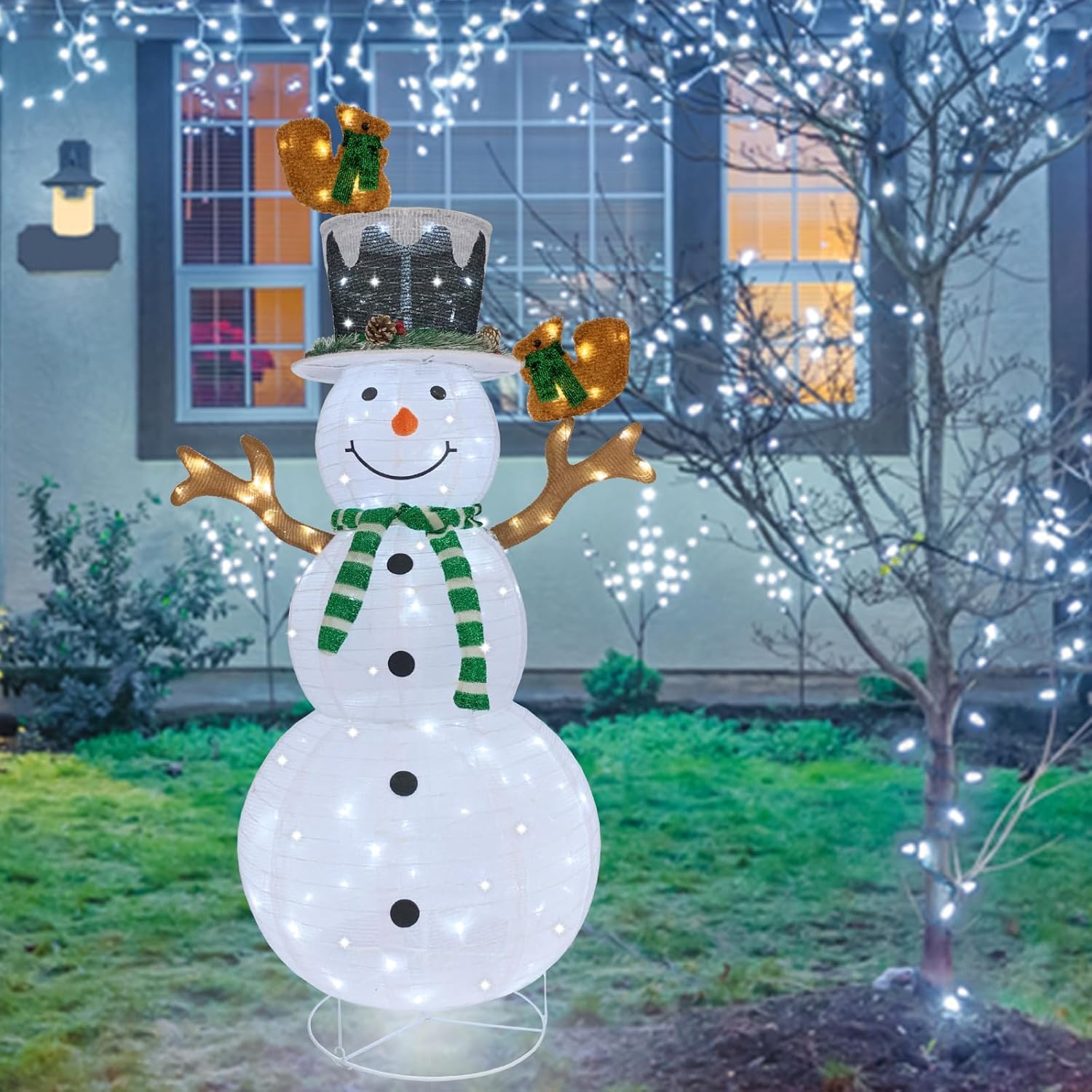 Skiennix Lighted Snowman | Prelit 120 LED Outdoor Christmas Decoration | Collapsible Design for Yard & Porch - Green
