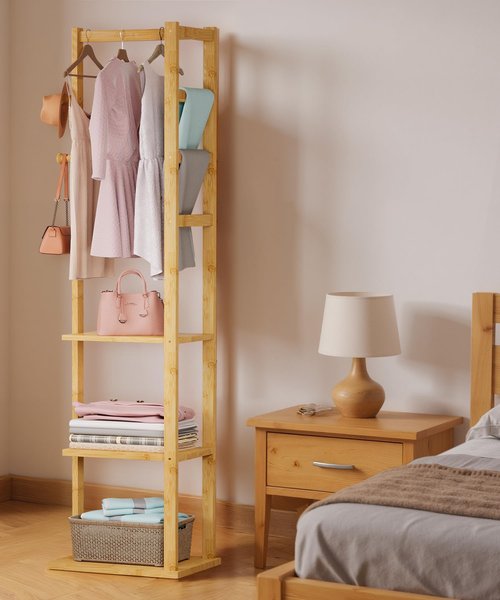 Cozivolife Bamboo Heavy Duty Small Clothing Coat Rack with Shelves & Hooks - Freestanding Corner Garment Rack for Entryway/Bedroom/Small Spaces - Anti-Slip, Anti-Tip Design, Easy Assembly