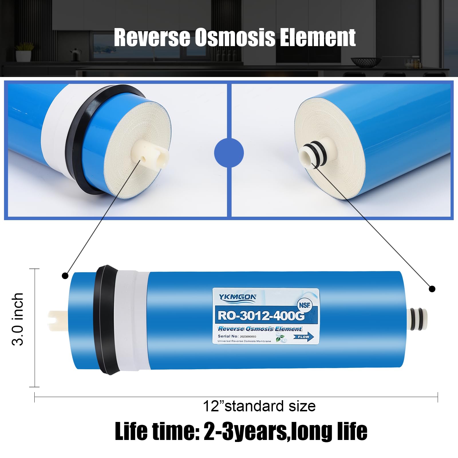 YKMGON 400GPD Reverse Osmosis Membrane Kit with RO Membrane Housing,Wrench,Quick-Connect Fittings,Check Valve and Water Pipe Replacement for Under Sink Home Drinking RO Water Filter System
