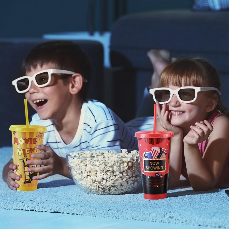 Sweetude 12 Pcs Movie Night Cups Movie Night Party Supplies Favors Movie 24oz Cups with Lid and Straw Disposable Plastic Cups for Movie Party Decorations Birthday Party Favors