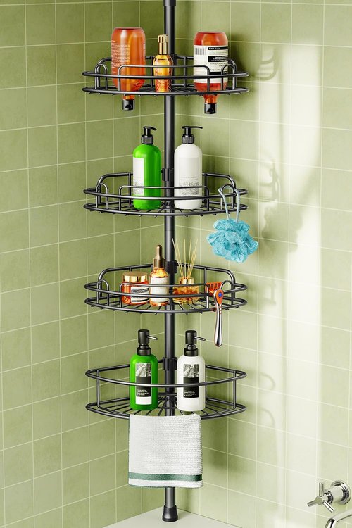 HAMITOR Corner Shower Caddy - 4-Tier Rust-Resistant Bathroom Organizer | Adjustable 47-121 Inch - No-Drill Installation, Space-Saving Black Shelves