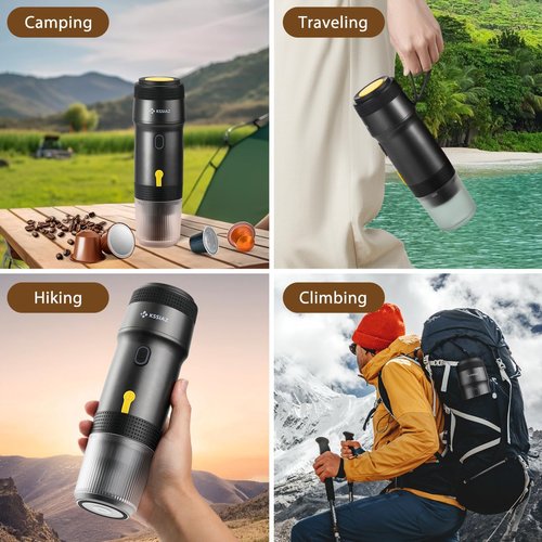 Kssiaz Portable Espresso Machines, Electric Espresso Maker with Self-Heating, USB-C & Car Charger, 20 Bar Mini Coffee Maker With NS Capsule & Ground Coffee for Camping, Hiking, Travel, Office, Blcak