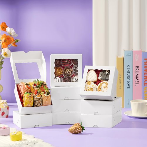RomanticBaking 51PCS 5x5x2 Inch Bakery Boxes,Cookie Boxes with Window, Pastry Boxes for Macaroon Dessert Cupcake Donut Pastry Muffins
