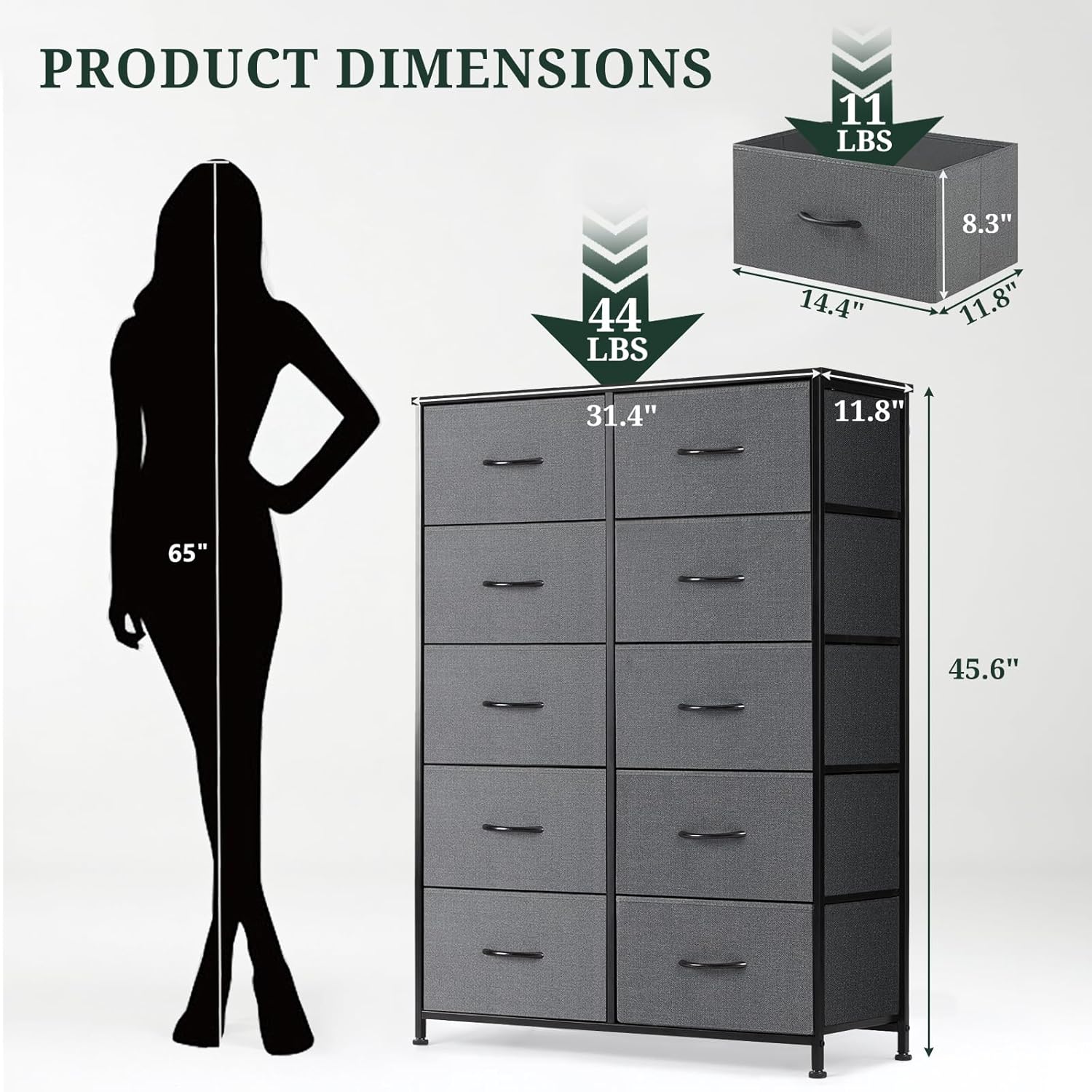 Regine Switzerland 10-Drawer Dresser - Anti-Tip Tall Storage Organizer with Wooden Top & Metal Frame - Gray