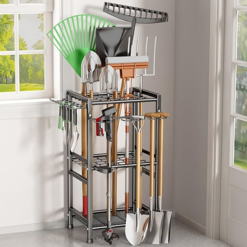 CICUFY Heavy-Duty Garden Tool Organizer - Metal Rack with Extra Hooks for Up to 35 Long Handled Tools | Black