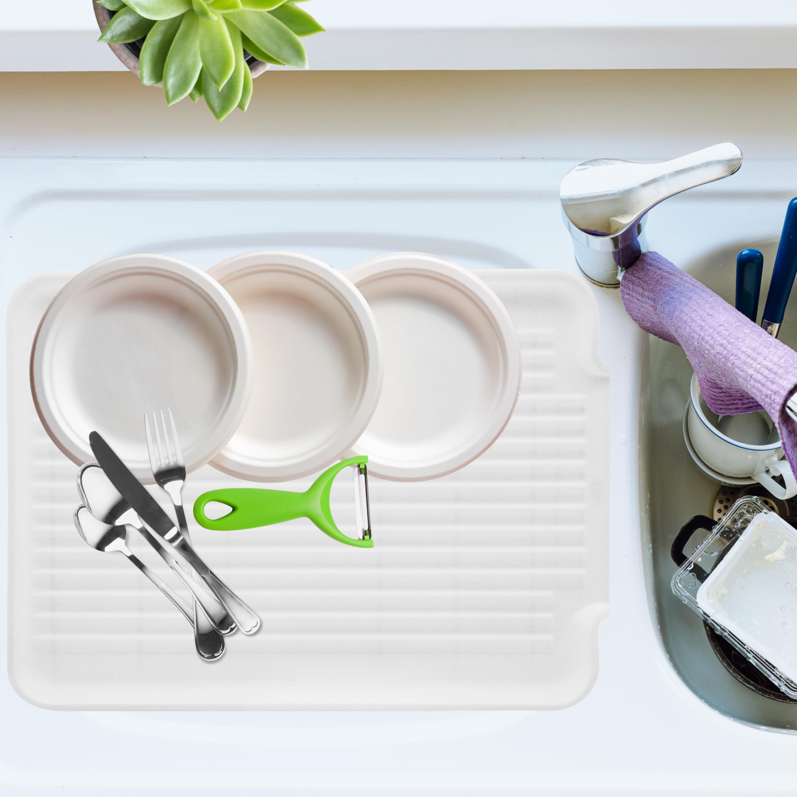 Oggi Dish Drain Board and Drying Rack Tray for Kitchen Counter, Plastic Drainboard with Raised Ridges, 12.75 x 17.25 inches - White