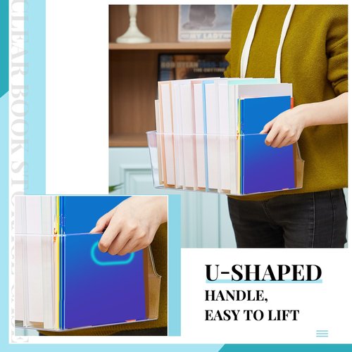 Menkxi 4 Pcs Clear Large Storage Book Display Case 13 x 8.5 x 5.9 Inch Book Organizer Stackable Bookcase Display Storage Containers with Handle Office Bookshelf Organizer Rack for CDs Magazine
