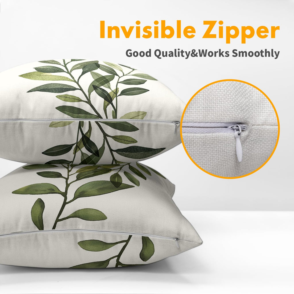 Kawani Sage Green Leaf Pillow Covers 18x18 Inch Set of 2 Spring Leaves Plants Botanical Decorative Pillowcase Cotton Linen Square Cushion Case for Couch Sofa Bedroom Home Decoration