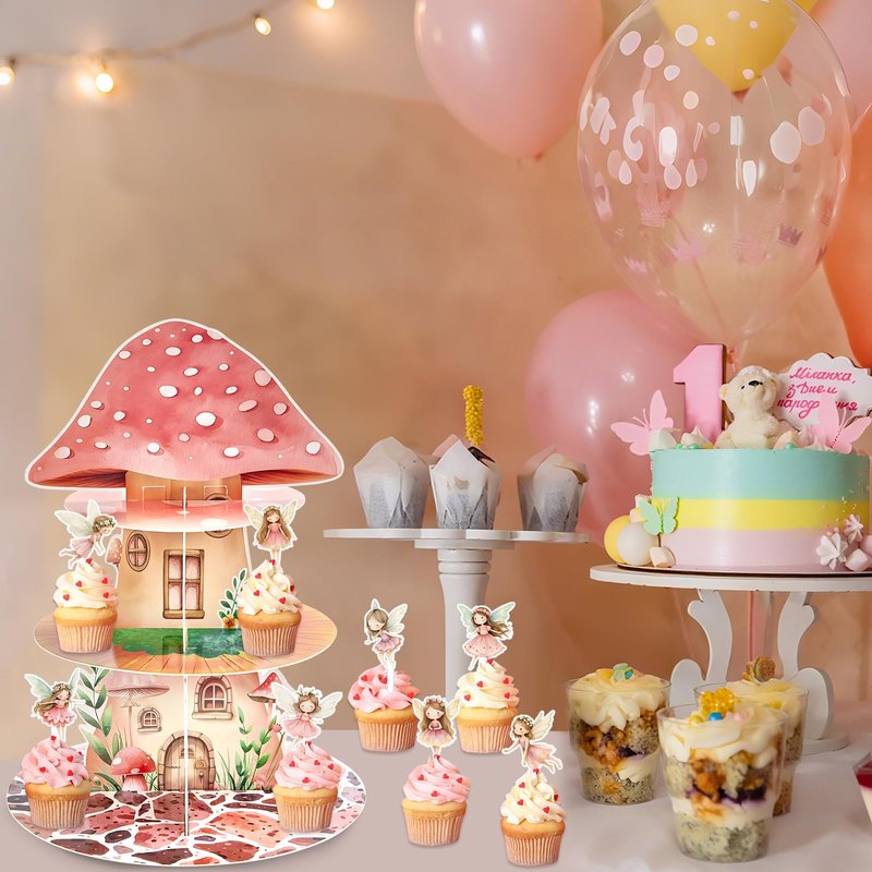 Fairy Birthday Party Decorations 3 Tier Mushroom Cupcake Stand with Fairy Theme Cupcake Toppers Fairies Garden Party Cake Decoration for Woodland Fairies Theme Birthday Baby Shower Spring Supplies