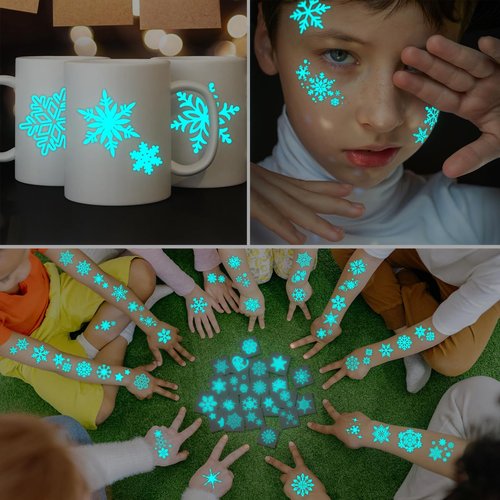 CHARLENT Blue Luminous Snowflake Temporary Tattoos - 74 Sheets of Winter Party Designs for Kids & Adults