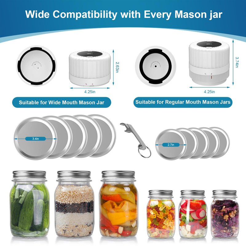 Electric-Mason-Jar-Vacuum-Sealer, Automatic Wide Mouth and Regular Mouth Mason Jar Vacuum Sealer Kit, VP06+ Vaccum Sealer for Jars with Opener & 5 Pairs of Lids (White)