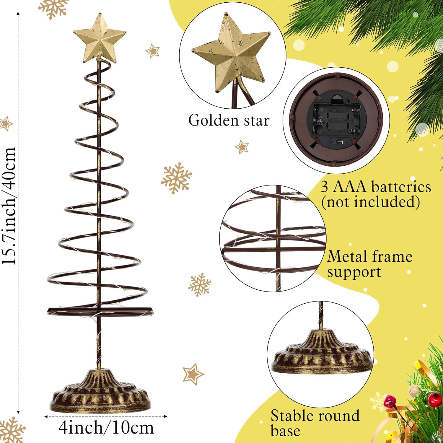 Skiennix Lighted Christmas Tree Table Decoration - Set of 2 Mini Prelit Xmas Trees with Golden Star | Battery Operated, Gold