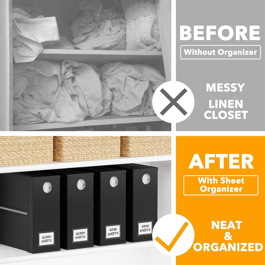 SpaceAid Bed Sheet Organizers - Foldable Linen Closet Storage | XL Queen & King Size, Black