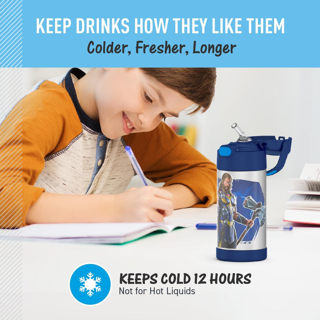 THERMOS FUNTAINER 12 Ounce Stainless Steel Kids Straw Bottle - Vacuum Insulated, Thor Design