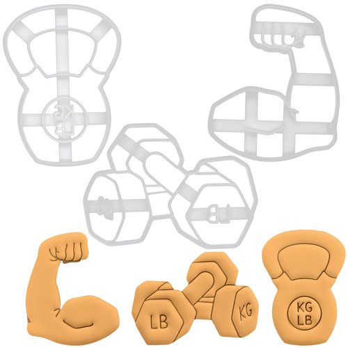 Set of 3 Weight Training cookie cutters (Kettlebell, Dumbbells, Flexed Bicep), 3 pieces - Bakerlogy