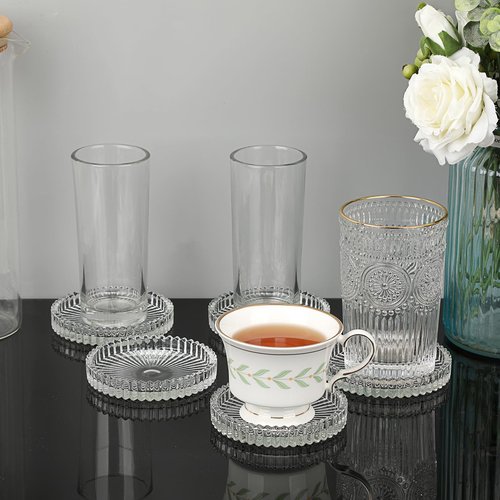 JUXYES 8 Pack Clear Crystal Coasters Round Cup Mat, Glass Coasters for Drinks Coffee Tea Wine, Decorative Wine Bottle Coaster, Crystal Drink Coasters for Restaurant bar Kitchen Dining Table