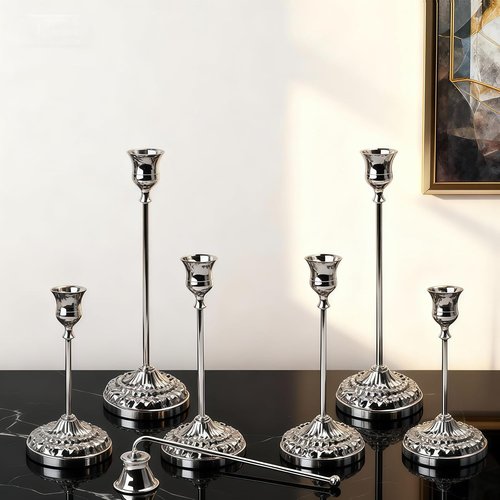 BEAHOT Silver Candle Holders - Set of 6 Elegant Non-Slip Holders with Matching Snuffer for Home Decor & Weddings