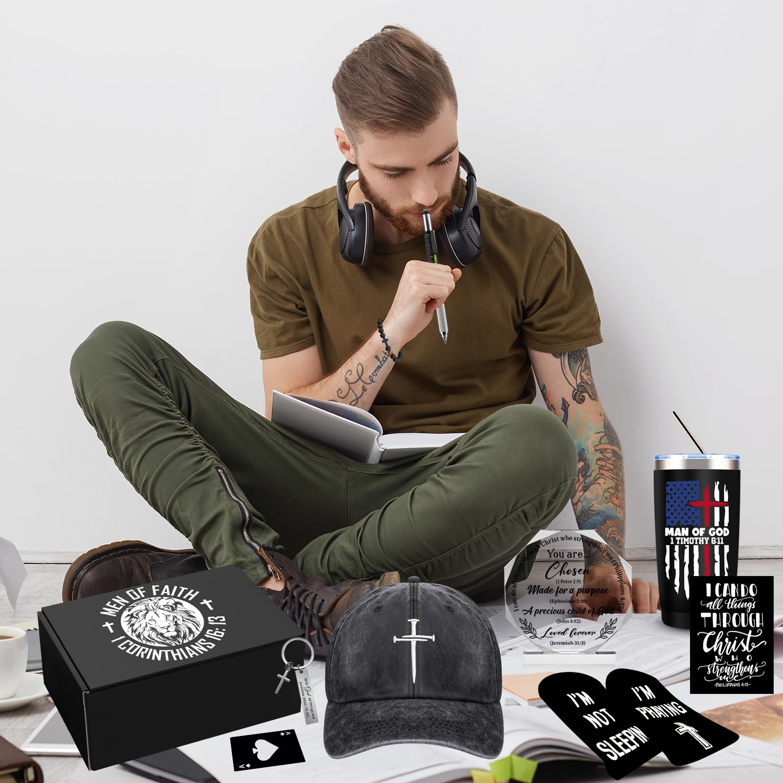10 Pcs Christian Gifts for Men Faith, Inspirational Religious Gifts, Catholic Gift with 20 Oz Tumbler Bible Verses Crystal Plaque Hat Socks Bracelet Keychain for Husband, Dad, Grandpa, Friends