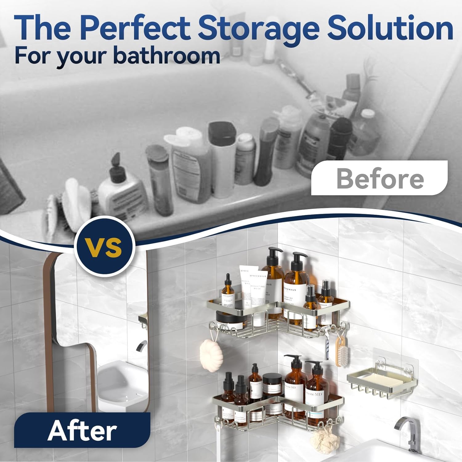 YASONIC Corner Shower Caddy - 3-Pack Adhesive Organizer with Soap Holder & 12 Hooks | Rustproof Stainless Steel, Nickel Finish