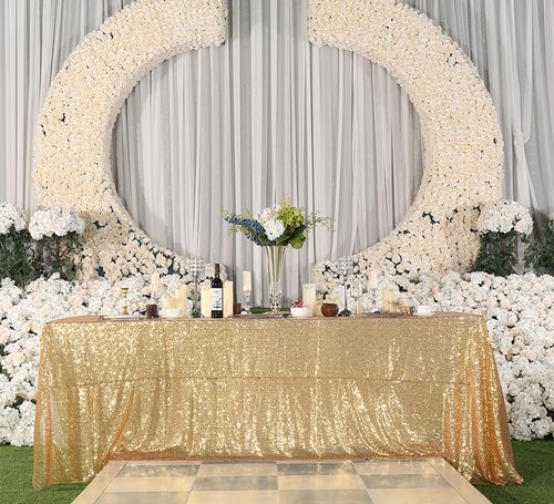 Juya Delight 90" x 132" Light Gold Rectangular‌ Sequin Tablecloth for Wedding Birthday Party Festival Ceremony Cake Dessert Table