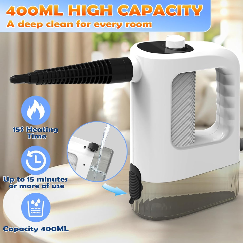Skiennix Handheld Steam Cleaner - 3-Level Adjustable, 15s Heat-Up, 400ML Capacity | 14 Accessories Included