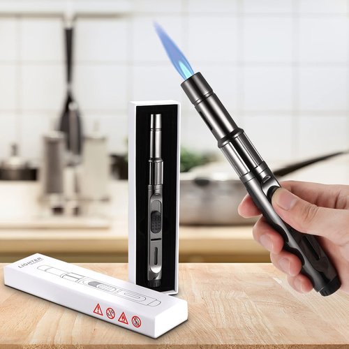 Butane Torch With Long Refillable Kitchen Lighter, Visible Fuel Window, Adjustable Jet Flame Pen for Grill, Fireplace (Black1)