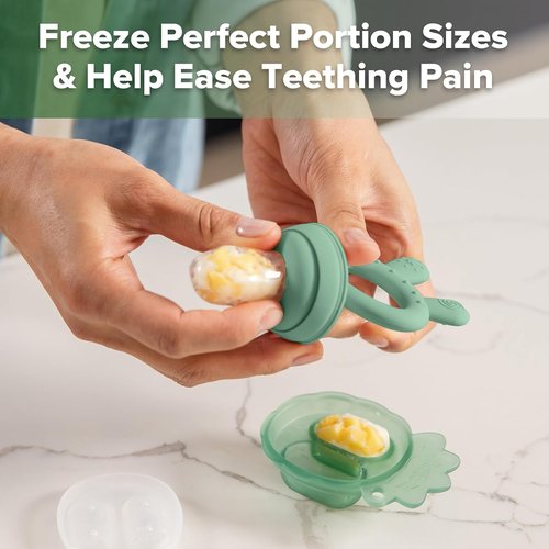 Haakaa Baby Fruit Feeder & Mini Freezer Nibble Tray Combo - BPA-Free Silicone Popsicle Molds for Safe Self-Feeding (Pea Green)