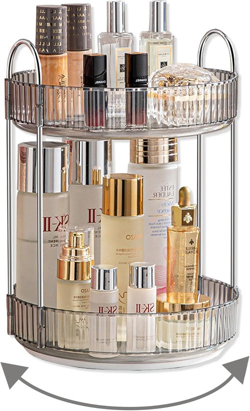 Asayuee 360° Rotating Makeup Organizer - Stylish Grey 2-Tier Vanity & Bathroom Countertop Storage