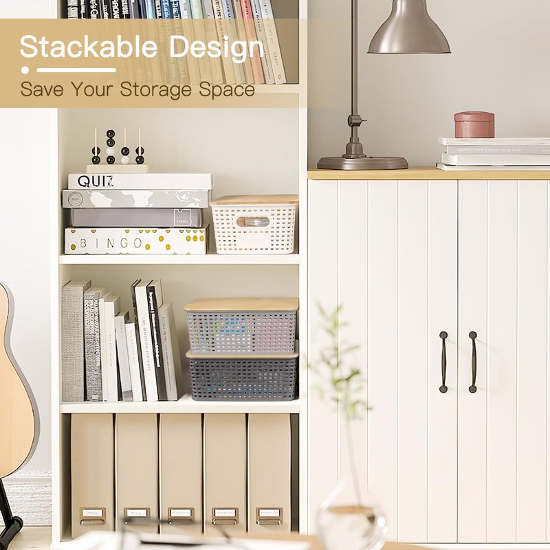 Criusia 6 Pack Plastic Storage Baskets With Bamboo Lid, Stackable Storage Baskets for Organizing Desktop Closet Shelves Drawers Pantry Organization Office Playroom Classroom