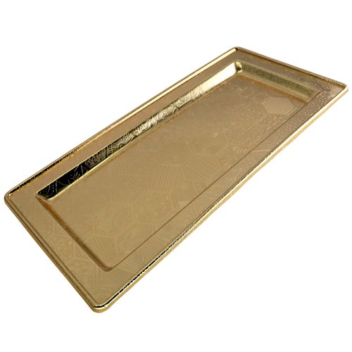 Maro Megastore 13.6 inch x 6.9 inch Rectangular Iron Gold Plated Serving Tray Floral Engraved Decorative Party Birthday Wedding Buffet Wine Candle Decor Platter Plate Base Dish FST-077