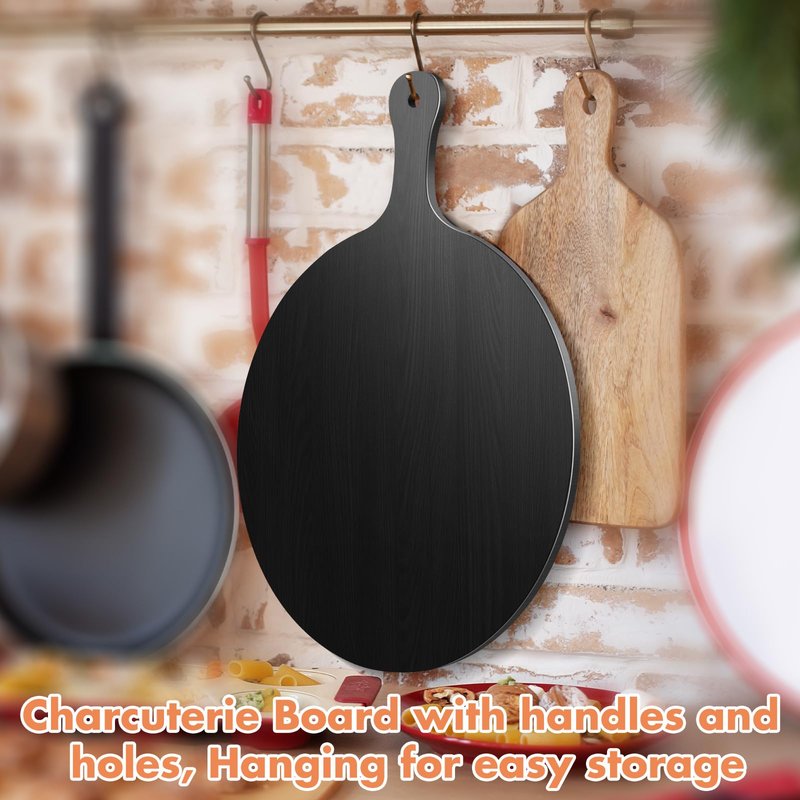 Geetery 2 Pcs Round Black Cutting Board with Handle Bamboo Cheese and Chopping Board Charcuterie Black Platter Tray for Kitchen Pizza Bread Vegetables DIY Holiday Present (11.6 Inch,9 Inch)