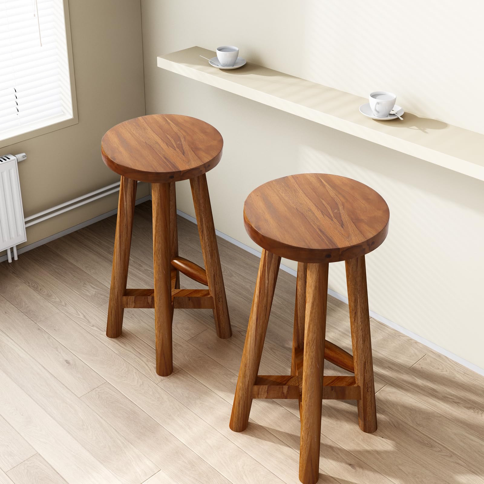 JOLLYMER Solid Teak Wood Barstool with Round Seat for Kitchen Counter, Home Bar Furniture, 24-Inch Height