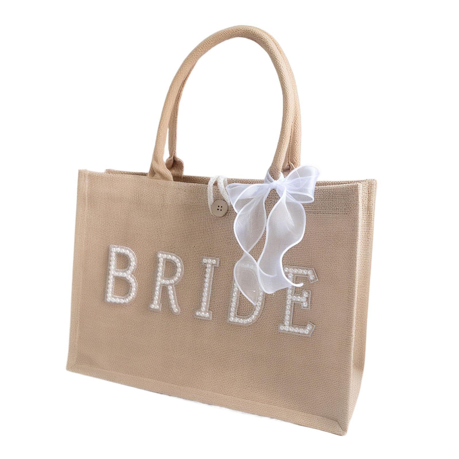 AINMEGE Bride Tote Bag Large Natural Jute Beach Bag Bridal Shower Gift Bachelorette Party Decorations