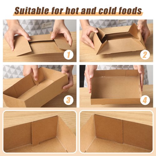 Laumoi 50 Set Kraft Paper Food Tray with Checkered Wrapping Paper Brown Greaseproof 4 Corner Pop up Paperboard Food Box Disposable Foldable Cardboard Trays for Party Theater Movie Night