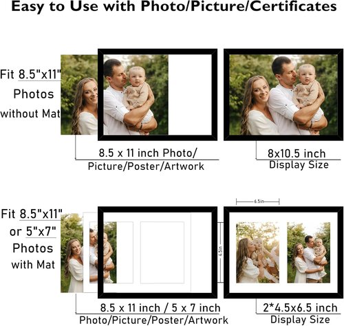 JCJMY Collage Picture Frame - Display 2 Photos in 5x7 or 8.5x11 - Lightweight Black Frame for Wall or Tabletop