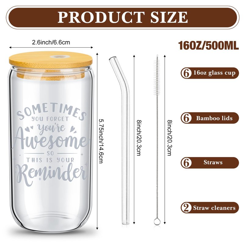 Purpeak 6 Set Employee Appreciation Gifts Glass Cups Bulk Thank You Gifts for Team Coworkers Staff Teachers and Nurses 16 oz Can Shaped Glass Cups with Bamboo Lids and Straws(Sometimes Forget)