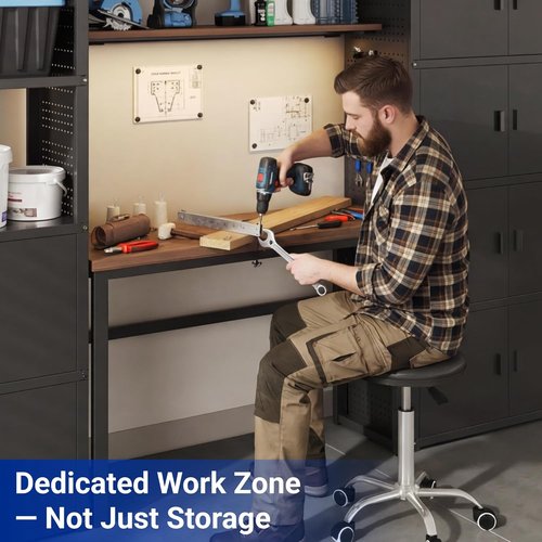 FLEXIMOUNTS Garage Storage Cabinet System - 3-in-1 Modular Metal Tool Cabinet with Workbench & Pegboard | 117" Black, 24-Gauge Steel