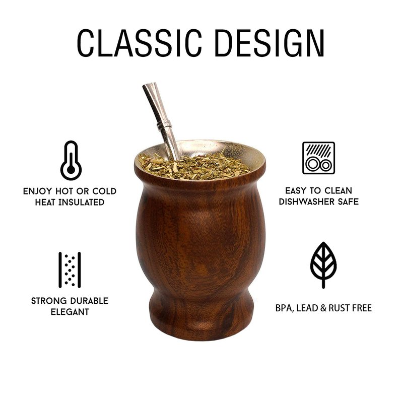 LA FEE Yerba Mate Natural Gourd/Tea Cup Set Brown (Original Traditional Mate Cup - 8 Ounces)，Includes Yerba Mate Straw & Cleaning Brush，Stainless Steel | Double-Walled | Easy to Clean (Brown)