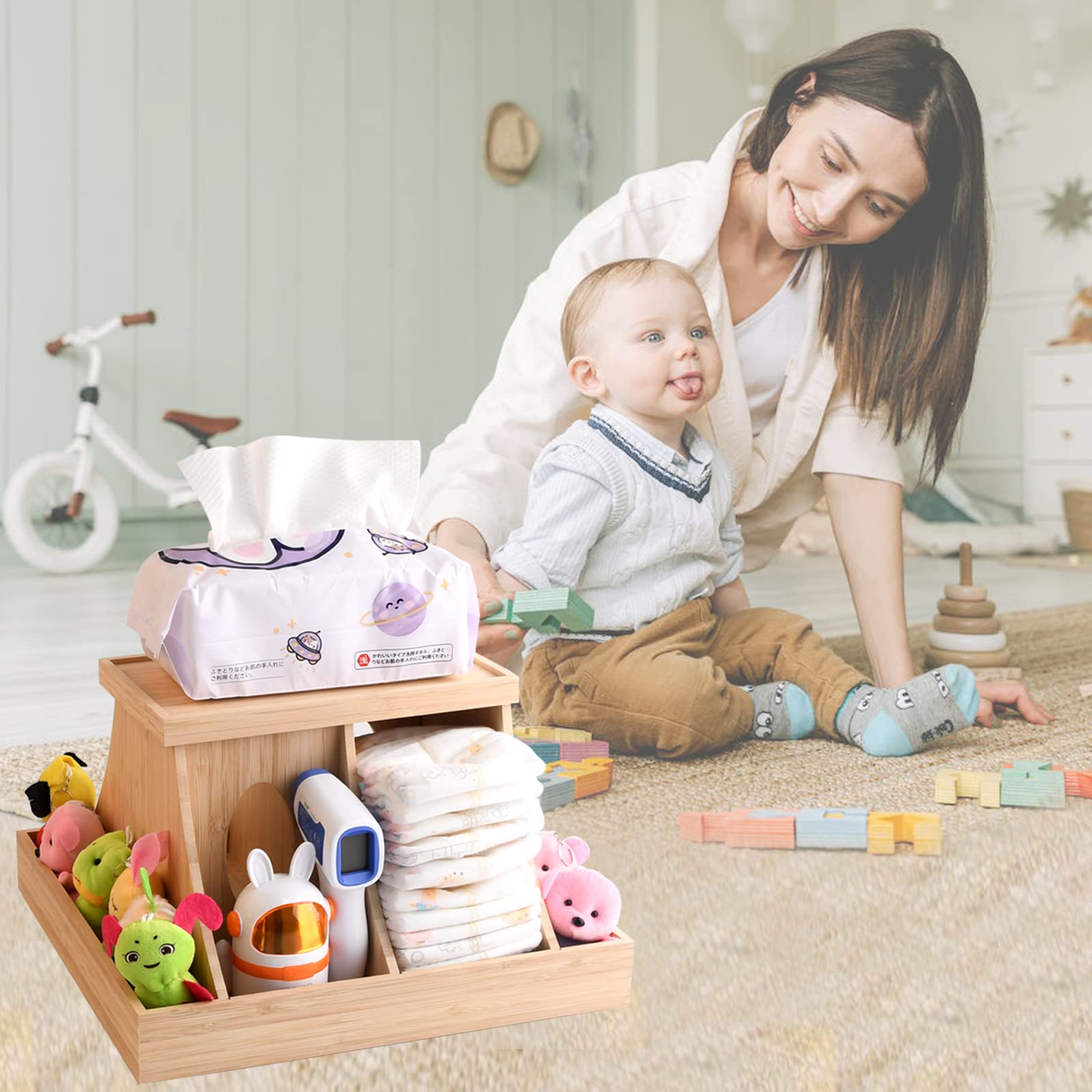 YiLiiod Wooden Baby Diaper Cabby Organizer, 360 Degrees Rotating Bamboo Cabby Storage with Removable Divides, Nursery Diaper Organizer