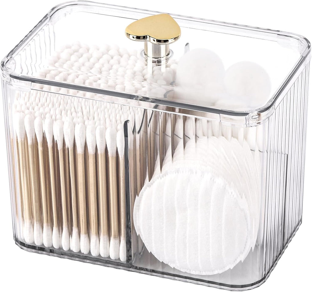 Tbestmax Qtip Holder Dispenser - 3-Section Clear Bathroom Organizer Jar for Cotton Swabs & Pads